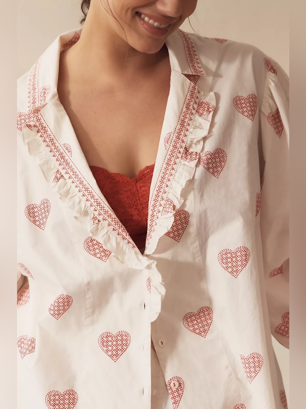 Anthropologie White Button-Up Top with Red Heart Print